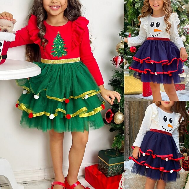 Kids Girls' Dress Ugly Long Sleeve Performance Party Patchwork Adorable