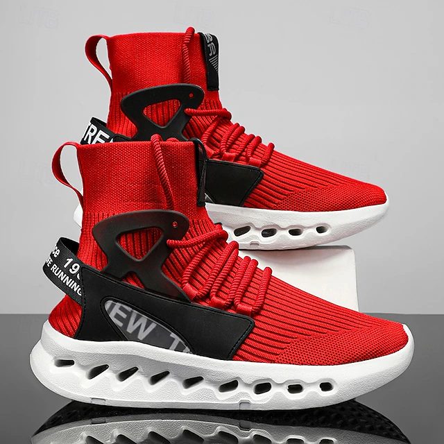 Men's Red High-Top Breathable Athletic Sneakers – Lightweight Knit Running Shoes with Cushioned Sole for Sports & Casual Wear 38