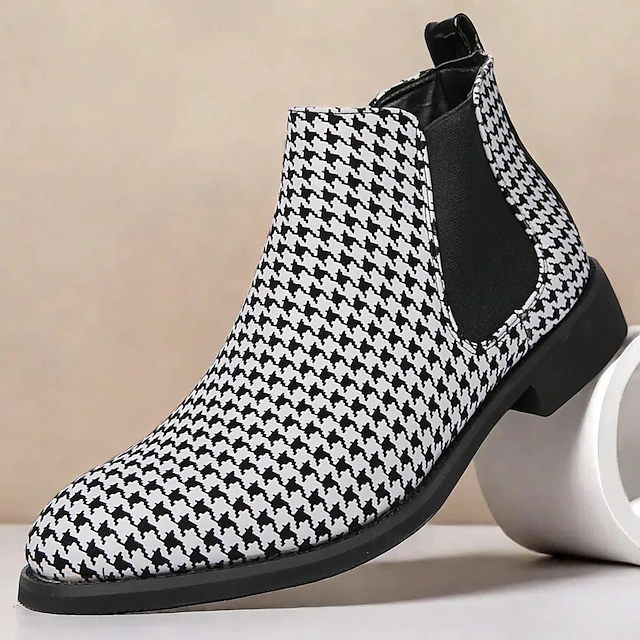 Houndstooth Pattern Men's Chelsea Boots – Classic Slip-On Ankle Boots with Elastic Side Panels for Formal and Casual Occasions 20