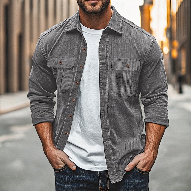 Men's Casual Shirt Corduroy Shirt Button Up Shirt Solid Color Street Daily Blue Brown Gray Long Sleeve Lapel Spring & Fall Clothing Apparel Pocket 9