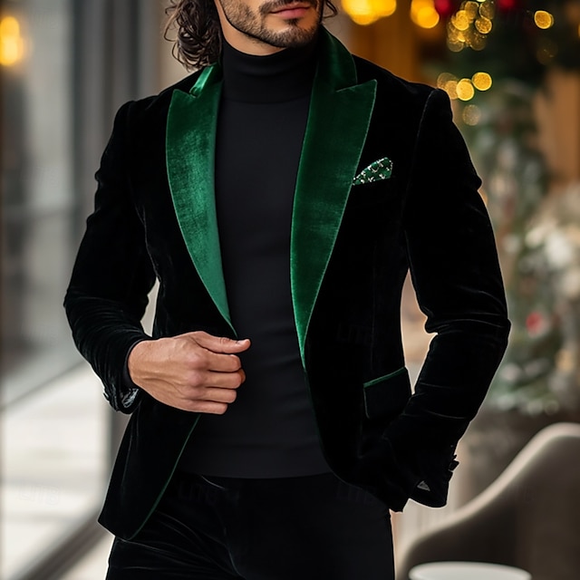  Giacca blazer in velluto per uomo smoking natalizio vintage giacca patchwork nera e verde taglia standard