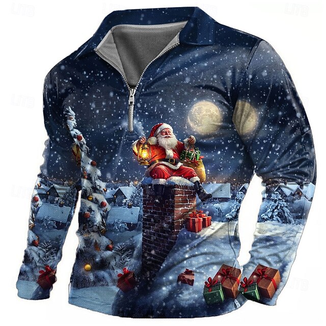 Christmas Men's Santa Claus Polo Shirts Golf Polos Shirts Long Sleeve Polo Shirts Collar Casual Party Evening Wear Dailywear Vacation Festival Buttons 3D Print Dark Blue4