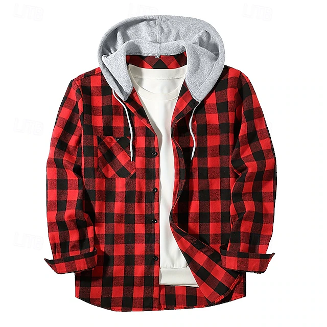 Men's Shirt Flannel Shirt Overshirt Plaid Outdoor Street Red Royal Blue Purple Orange Long Sleeve Hooded Winter Spring & Fall Clothing Apparel 9