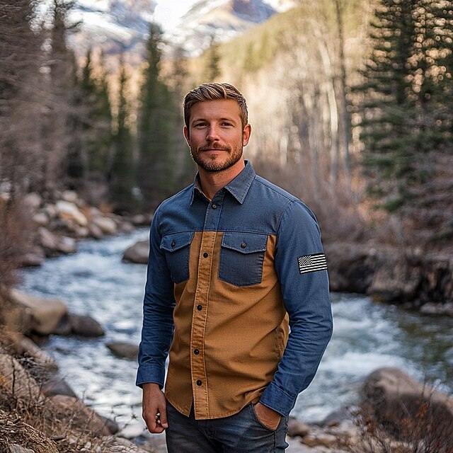 Men's Cargo Shirt Brown Long Sleeve American US Flag Turndown Spring