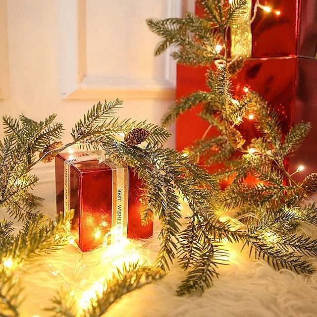  guirlanda de vime com agulhas de pinheiro de natal, luzes de corda alimentadas por bateria, 1,75 m, 20 leds, para áreas internas e externas, árvore de natal, festa de natal, janela de casa, decoração