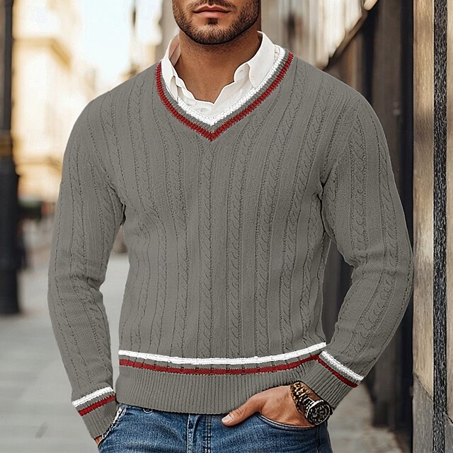 Men's Pullover Sweater Jumper Cable Knit Color Block Solid Color V Neck