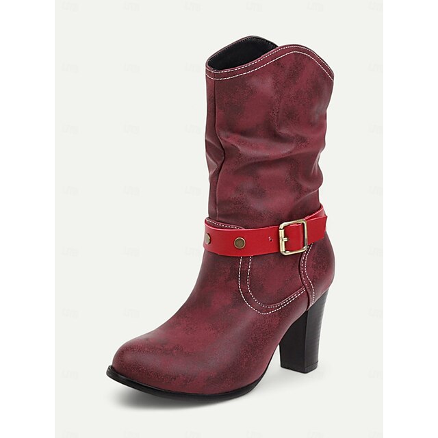 Women's Retro Red MidCalf Boots Faux Leather with Buckle Strap