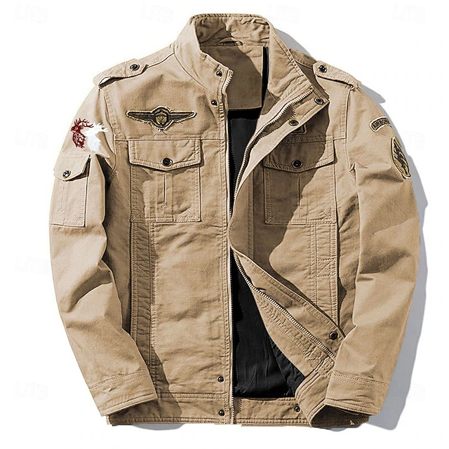 Men's Cotton Embroidered Military Jacket Cargo Jacket with Shoulder Straps Long Sleeve Standing Collar Multi-Pockets Coat Trucker Jacket Christmas Reindeer Print Tactical Outerwear Tactical Outerwear 8