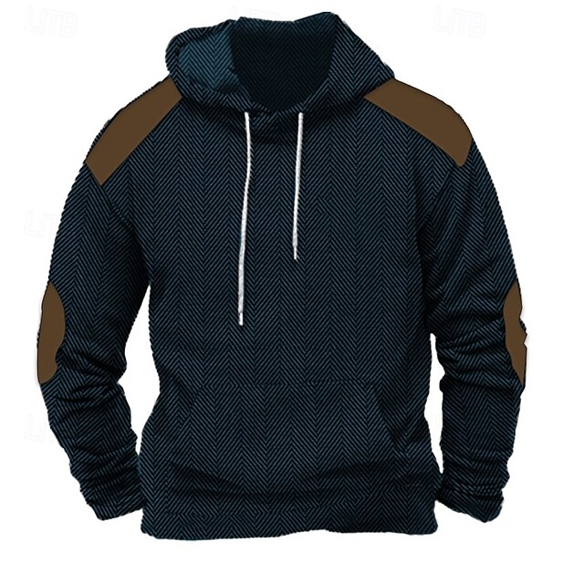 Men's Hoodie Navy Blue Green Gray Hooded Plain Pocket Color Block Work