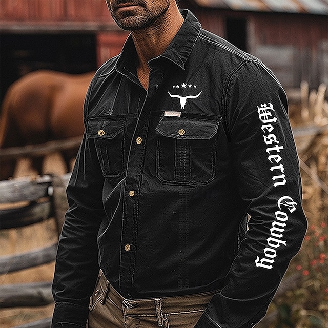 Men's Letter Printed Cowboy Work Shirt Western Shirt Cargo Shirt Long Sleeve Casual Tactical Sports & Outdoor Going out Winter Spring & Fall Turndown Print Black 5