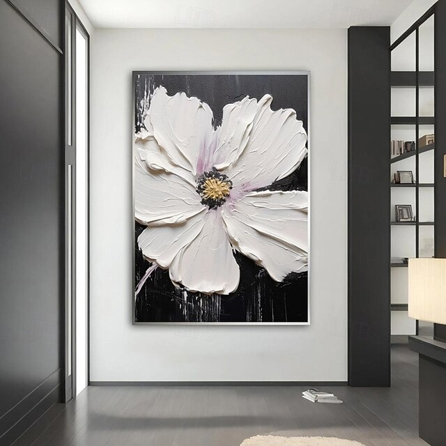 Handpaint Large 3D White Flowers Oil Painting Original Floral Acrylic