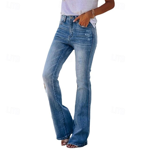 Women's Normal Jeans Bell Bottom Streetwear Stylish Full Length Medium Waist Solid Color Fashion Comfy Breathability Outdoor Micro-elastic Office Street Casual Blue Spring & Fall Regular Fit 9