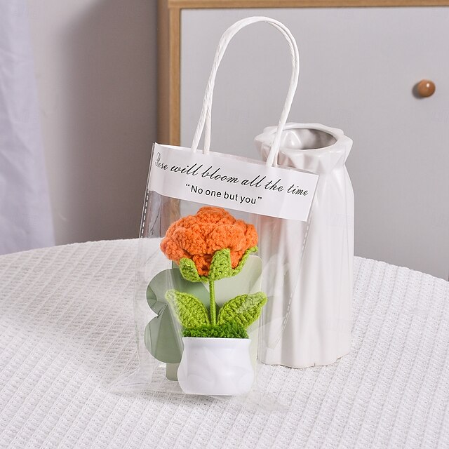 1 bouquet en pot tricoté, comprend un sac et une carte de vœux, une
