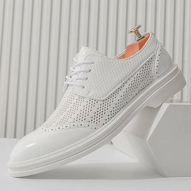 Men's White Mesh Lace-Up Oxford Shoes with Crocodile Pattern, Lightweight Breathable Dress Shoes for Summer Formal and Casual Wear 27