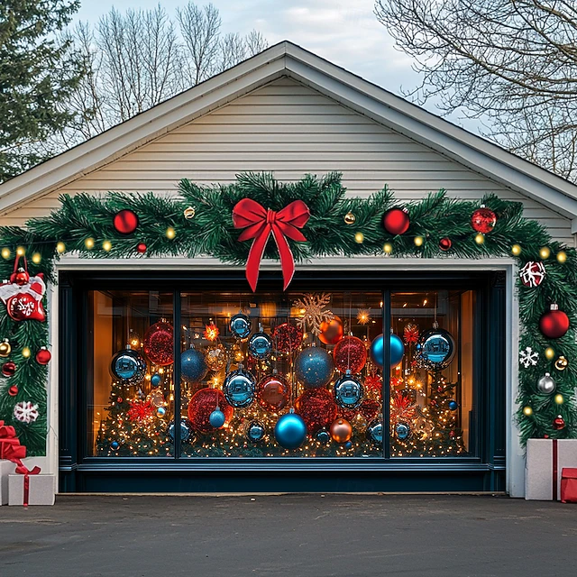 Christmas Door Decorations Garage Door Cover Santa Snowman Jingle Bell Xmas Outdoor Banner Large Backdrop for Holiday Home Wall Gifts Snow Village Christmas Tree 47