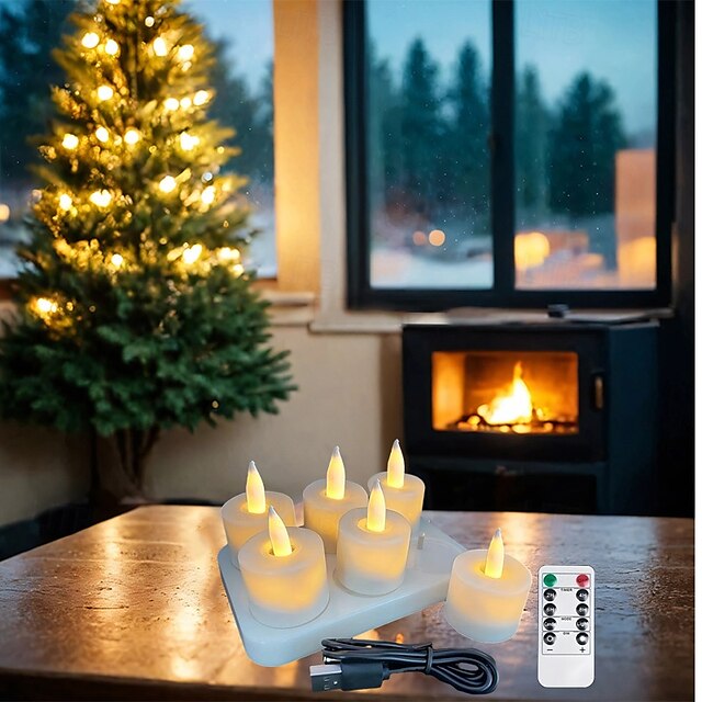  6pcs Rechargeable LED Flameless Candles - Battery Operated Votive Tea Lights for Christmas, Valentine's Day, Thanksgiving, and Home Wedding Decorations