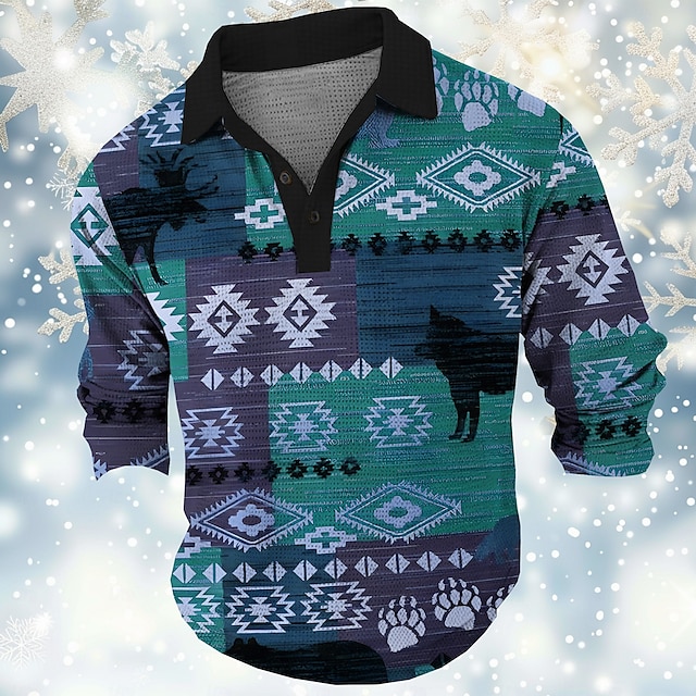  Herre Tribal Vaffel poloskjorter Golftrøje Langærmet Polo skjorter Skjorter med krave Årgang Afslappet Ferietøj Festtøj Knapper 3D-udskrivning Forår Efterår Vinter Sort Rød Blå
