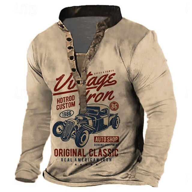 Men's Car T Shirt Henley Shirt Long Sleeve 3D Print Retro Vintage Casual Vacation Daily Going out Summer Beige Grey Henley Henley T-Shirt4