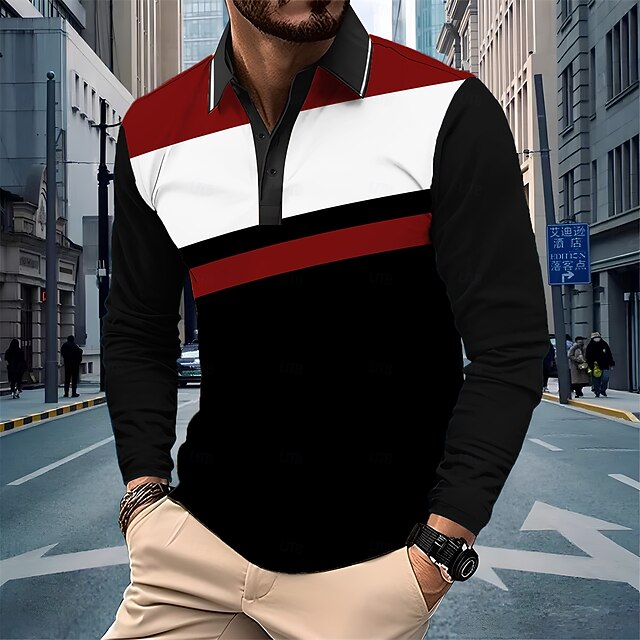Men's Stripe Rugby Polo Rugby Polo Shirts Long Sleeve Polo Shirts Collar Business Casual Formal Vacation Dailywear 3D Print Buttons Spring Fall & Winter Black4
