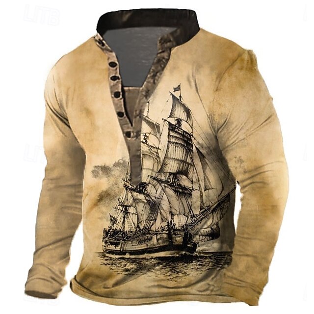 Men's Ship T Shirt Henley Shirt Long Sleeve 3D Print Retro Vintage Casual Vacation Daily Going out Summer Khaki Henley Henley T-Shirt4