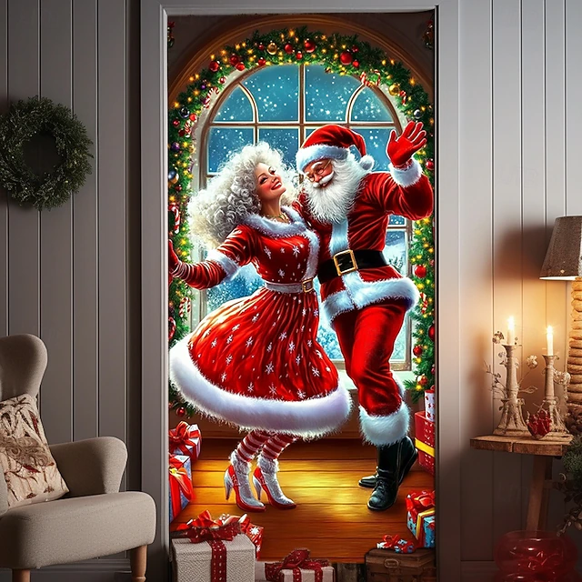 Christmas Door Decorations Door Covers Xmas Santa Claus Couple Door Tapestry Door Curtain Decoration Backdrop Indoor/Outdoor Door Banner for Front Door Farmhouse 13