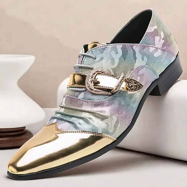 Men's Gradient Camo Formal Shoes with Metallic Gold Toe Caps and Buckle Detail - Elegant Lace-Up Design for Parties and Special Events 19