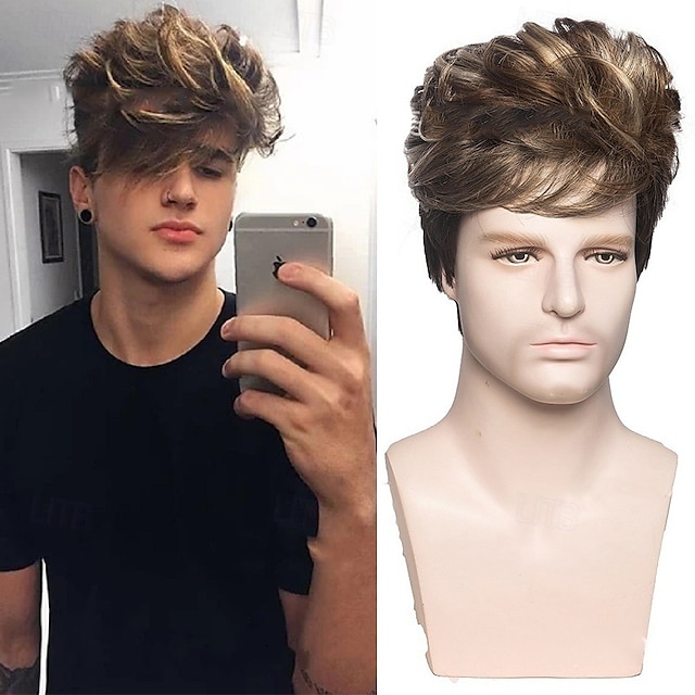  Parrucche sintetiche Liscio Taglio asimmetrico Parrucca Corto Marrone chiaro Capelli sintetici Per uomo Disegni alla moda Soffice Naturale Marrone chiaro