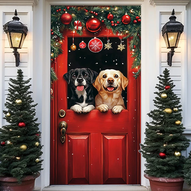 Christmas Door Decorations Door Covers Xmas Ornaments Animals Door Tapestry Door Curtain Decoration Backdrop Indoor/Outdoor Door Banner for Front Door Farmhouse Dog 7