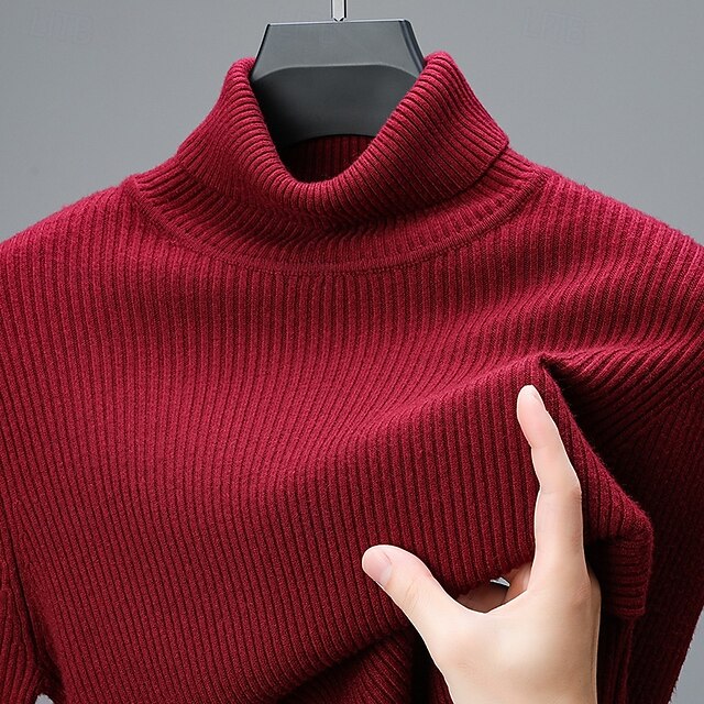 Men's Pullover Sweater Jumper Knit Sweater Ribbed Knit Regular Knitted Plain Turtleneck Fashion Casual Daily Wear Date Clothing Apparel Fall & Winter Wine Black S M L 10