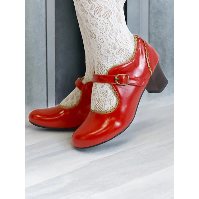 Women's Red Patent Faux Leather Mary Jane Block Heel Shoes with Scalloped Trim – Retro Style for Vintage-Inspired Looks and Special Occasions 12