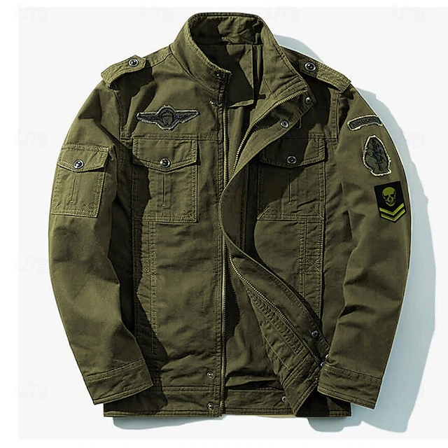 Men's Cotton Embroidered Military Jacket Cargo Jacket with Shoulder Straps Long Sleeve Standing Collar Multi-Pockets Coat Trucker Jacket Skull Print Tactical Outerwear 9