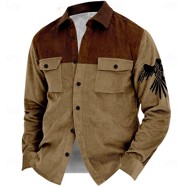 Men's Eagle Cowboy Corduroy Shirt Shirt Jacket Overshirt Long Sleeve Vintage Tribal Sports & Outdoor Dailywear Fall & Winter Turndown Collared Shirts Buttons 3D Print 2 Pockets 1pc Brown4