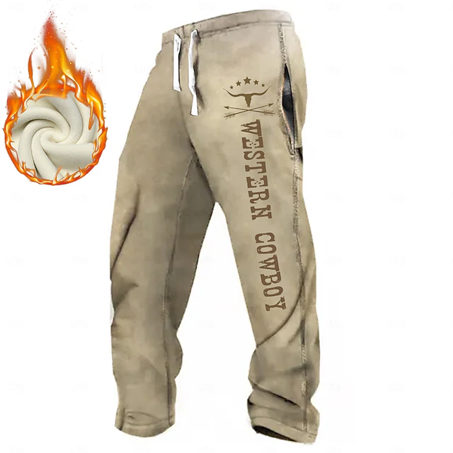 Men's Cowboy Joggers Fleece Sweatpants Drawstring Elastic Waist Vintage Casual Outdoor Home Street Pocket Straight Leg Trousers Thermal Winter 3D Print Black White Brown 9