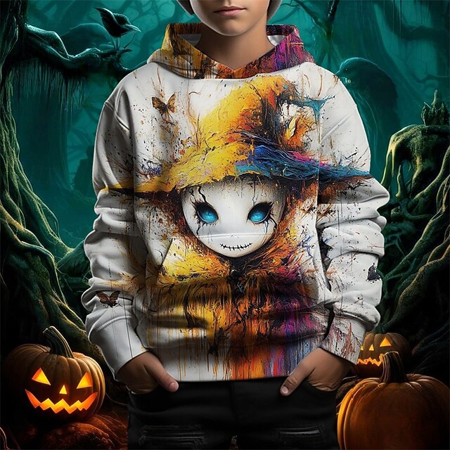 Boys 3D Graphic Pumpkin Ghost Hoodie Long Sleeve Spring Fall Fashion Streetwear Kids 4-12 Years Hooded Outdoor Casual Daily Regular Fit4