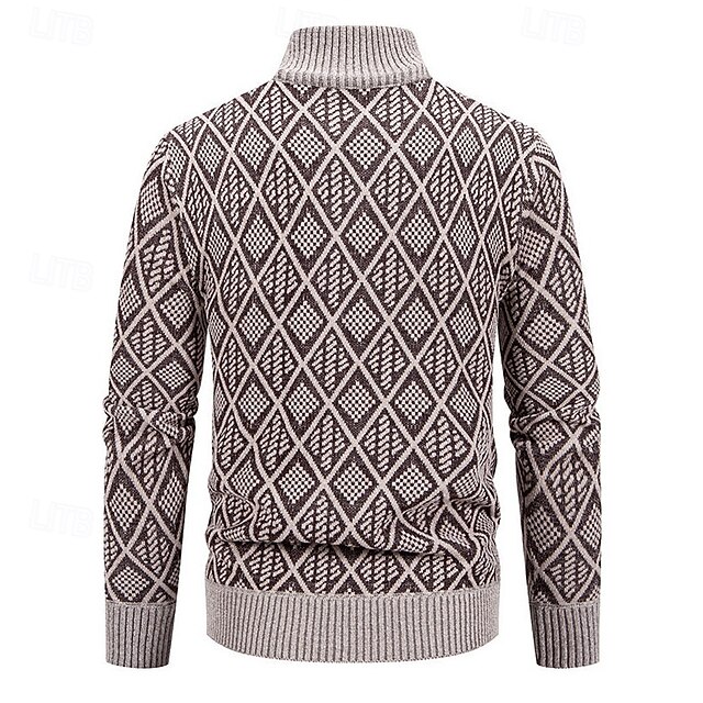Men's Cardigan Zip Sweater Chunky Knit Regular Zipper Pocket Geometric