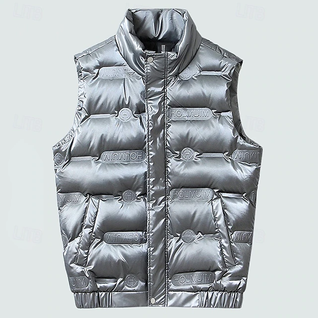 Men's Down Vest Puffer Vest Vest Gilet Quilted Vest Daily Date Vacation Fashion Casual Fall & Winter Pocket Polyester Duckdown Warm Comfortable Solid Color Zipper Stand Collar Regular Fit Black Gray 16