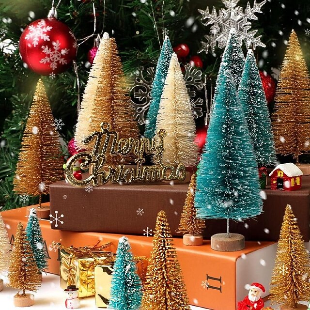 9pcs Mini Christmas Tree Set Delightful Wooden Base Sisal Brush Trees
