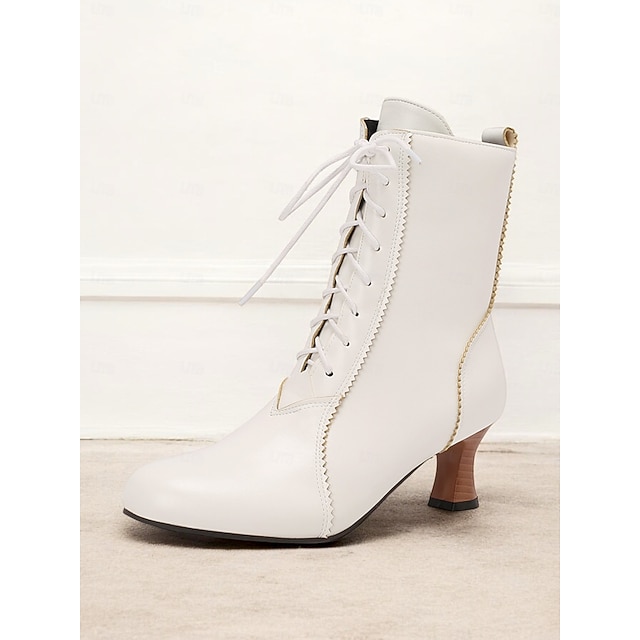  Botine roșii din piele artificială cu șireturi de damă în stil victorian cu toc mijlociu - încălțăminte retro de inspirație vintage pentru ținute formale sau casual