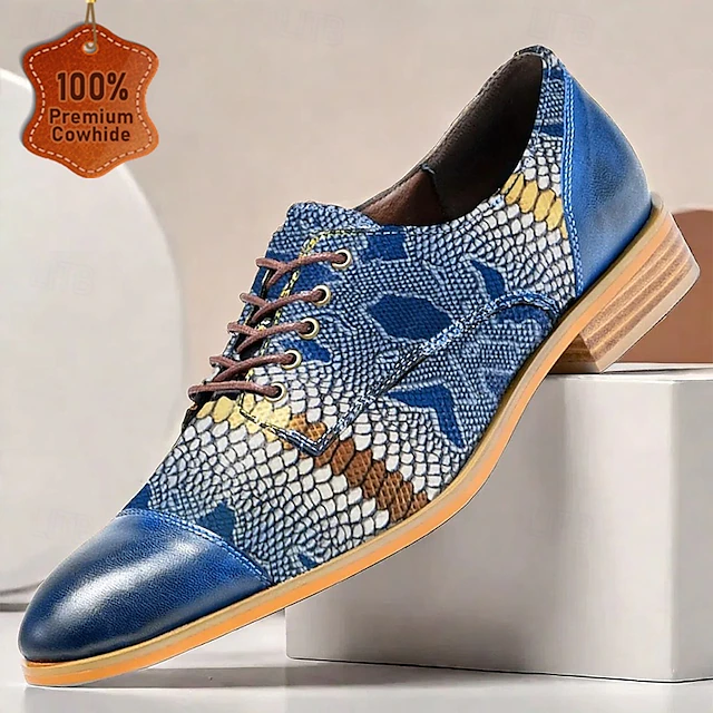 Men's Premium Cowhide Leather Oxford Shoes with Snake Print – Blue Casual Dress Shoes for Formal & Party Occasions 9