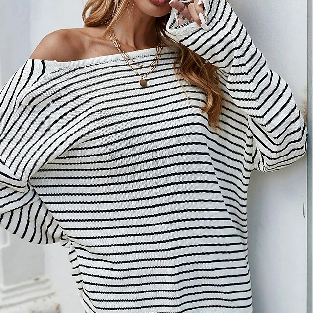 Women's Sweater Streetwear Daily Stylish Striped Boat Neck Knitted Long Sleeve Regular Tops Knit Work White / Black Fall Winter 5