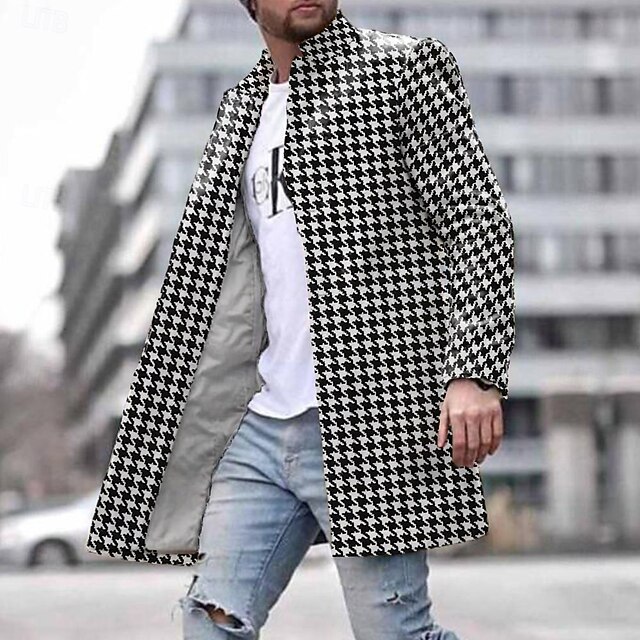 Men's Houndstooth Winter Coat Fleece Jacket Overcoat Thermal Comfortable Business Casual Formal Office / Career Daily Wear 3D Print Buttons Front Pocket Winter Turndown Long Sleeve Black4