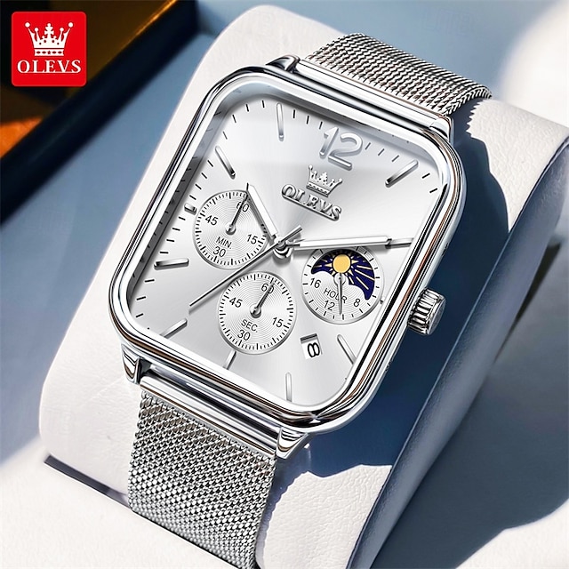  nouvelle marque olevs olevs tendance montres pour hommes cadran carré calendrier lumineux des phases de lune multifonction ceinture en maille à trois yeux montre à quartz à phases de lune
