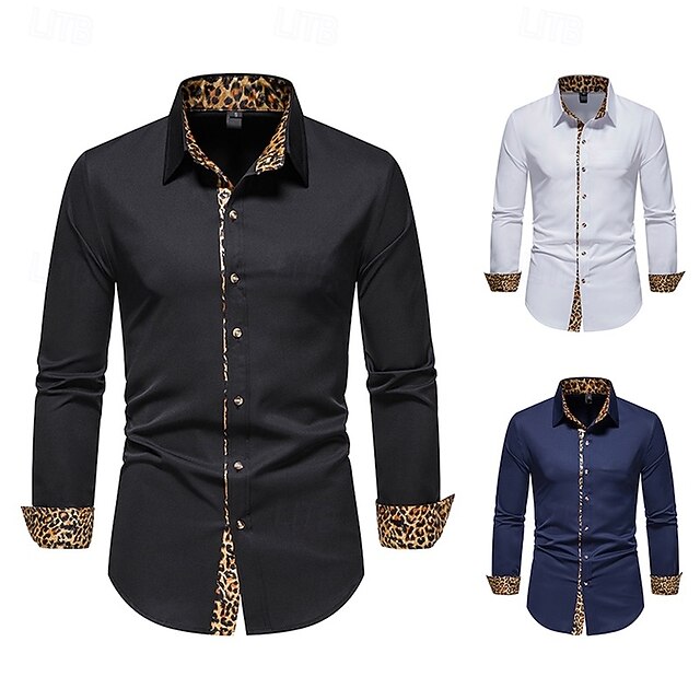 Men's Dress Shirt Collared Shirt Button Up Shirt Leopard Wedding Daily Black White Navy Blue Long Sleeve All Seasons Clothing Apparel 16