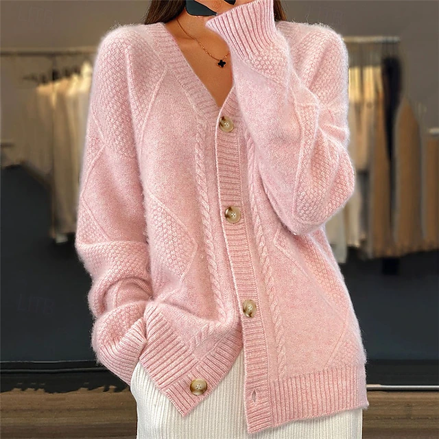 Women's Pink Long Cardigan V Neck Cable Knit Knitted Fall Winter Work Elegant Fashion Daily Long Sleeve Solid Color Pink Camel 6