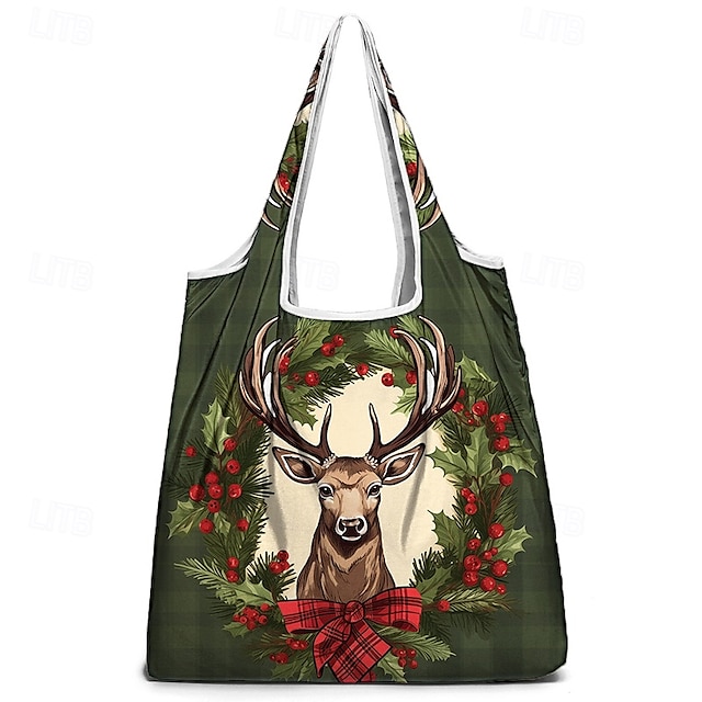  Women's Christmas Deer Print Plaid Tote Bag – Festive Large-Capacity Reusable Shopping Bag for Holiday and Everyday Use