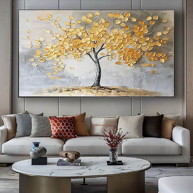  großes 100% handgemaltes goldenes Baum-Ölgemälde auf Leinwand goldenes Blumenbaum-Ölgemälde groß abstrakt strukturiert goldgelb Lebensbaum-Wandkunst individuell modern trendiges Wohnzimmerdekor