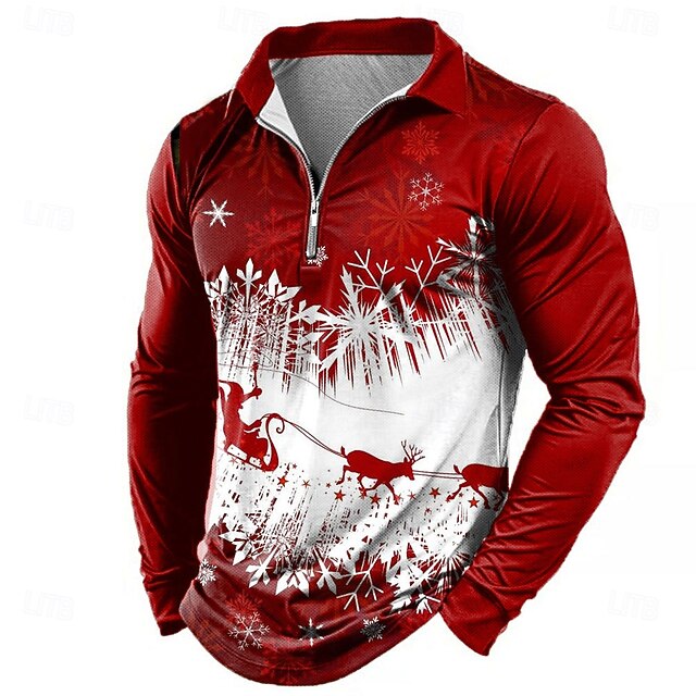 Christmas Men's Santa Claus Deer Polo Shirts Zip Polo Long Sleeve Polo Shirts Collar Casual Dailywear Holiday Festival Zipper Spring Fall & Winter Red4