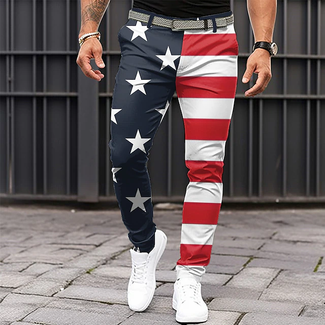 Men's American US Flag Patriotic Dress Pants Mid Waist Vintage Business Casual Outdoor Street Dailywear Zipper Pocket Summer Spring Fall 3D Print Blue Brown 5