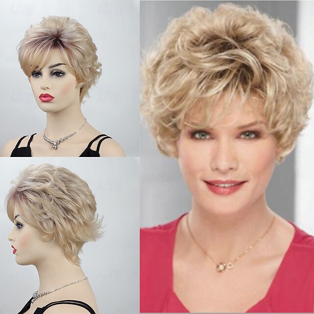  parrucche bionde corte e ricce per vecchie signore parrucca ondulata per donne parrucca sintetica con capelli naturali per costume cosplay festa quotidiana