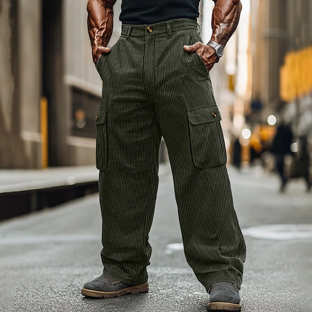 Men's Cargo Pants Corduroy Pants Trousers Baggy Pants Casual Pants Pocket Elastic Waist Multi Pocket Plain Comfort Soft Full Length Outdoor Daily Going out Fashion Streetwear Black Army Green 7